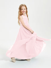 Long Junior Bridesmaid Dresses Illusion Lace Top Blushing Pink