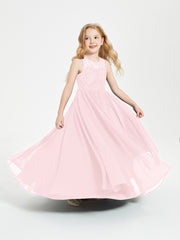 Long Junior Bridesmaid Dresses Illusion Lace Top Blushing Pink