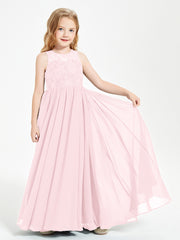 Long Junior Bridesmaid Dresses Illusion Lace Top Blushing Pink