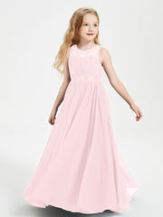 Long Junior Bridesmaid Dresses Illusion Lace Top Blushing Pink
