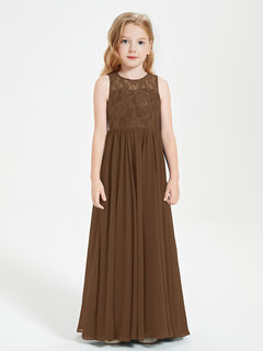 Long Junior Bridesmaid Dresses Illusion Lace Top Brown