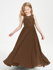 Long Junior Bridesmaid Dresses Illusion Lace Top Brown