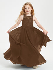 Long Junior Bridesmaid Dresses Illusion Lace Top Brown