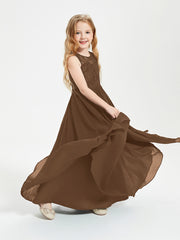 Long Junior Bridesmaid Dresses Illusion Lace Top Brown