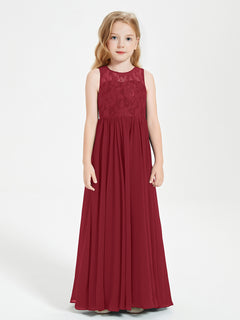 Long Junior Bridesmaid Dresses Illusion Lace Top Burgundy