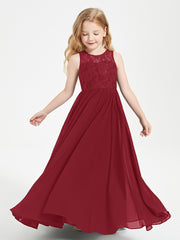 Long Junior Bridesmaid Dresses Illusion Lace Top Burgundy