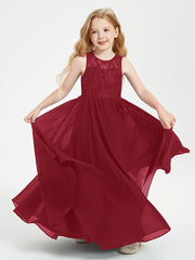 Long Junior Bridesmaid Dresses Illusion Lace Top Burgundy