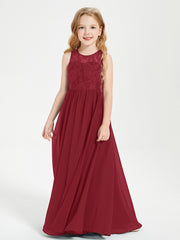 Long Junior Bridesmaid Dresses Illusion Lace Top Burgundy