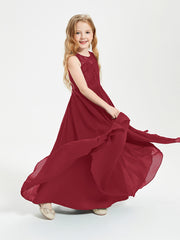 Long Junior Bridesmaid Dresses Illusion Lace Top Burgundy