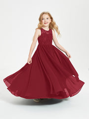 Long Junior Bridesmaid Dresses Illusion Lace Top Burgundy