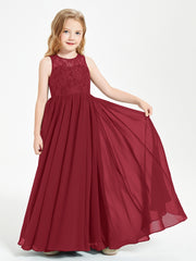 Long Junior Bridesmaid Dresses Illusion Lace Top Burgundy
