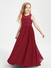 Long Junior Bridesmaid Dresses Illusion Lace Top Burgundy
