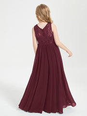 Long Junior Bridesmaid Dresses Illusion Lace Top Cabernet