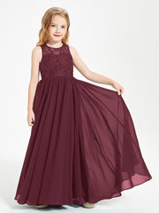 Long Junior Bridesmaid Dresses Illusion Lace Top Cabernet