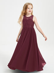 Long Junior Bridesmaid Dresses Illusion Lace Top Cabernet