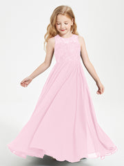 Long Junior Bridesmaid Dresses Illusion Lace Top Candy Pink
