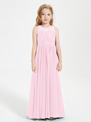Long Junior Bridesmaid Dresses Illusion Lace Top Candy Pink