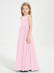 Long Junior Bridesmaid Dresses Illusion Lace Top Candy Pink