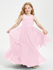 Long Junior Bridesmaid Dresses Illusion Lace Top Candy Pink