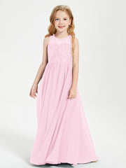 Long Junior Bridesmaid Dresses Illusion Lace Top Candy Pink