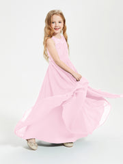 Long Junior Bridesmaid Dresses Illusion Lace Top Candy Pink