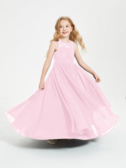 Long Junior Bridesmaid Dresses Illusion Lace Top Candy Pink