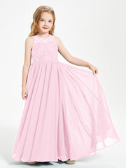 Long Junior Bridesmaid Dresses Illusion Lace Top Candy Pink