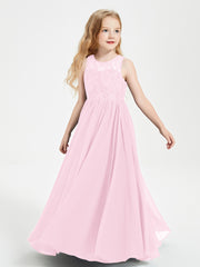Long Junior Bridesmaid Dresses Illusion Lace Top Candy Pink