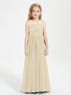 Long Junior Bridesmaid Dresses Illusion Lace Top Champagne