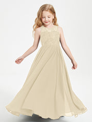 Long Junior Bridesmaid Dresses Illusion Lace Top Champagne