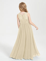 Long Junior Bridesmaid Dresses Illusion Lace Top Champagne