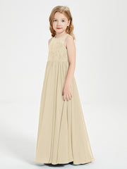 Long Junior Bridesmaid Dresses Illusion Lace Top Champagne
