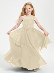 Long Junior Bridesmaid Dresses Illusion Lace Top Champagne