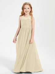 Long Junior Bridesmaid Dresses Illusion Lace Top Champagne
