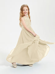 Long Junior Bridesmaid Dresses Illusion Lace Top Champagne