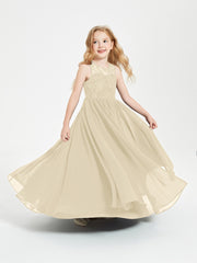 Long Junior Bridesmaid Dresses Illusion Lace Top Champagne