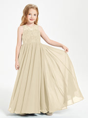 Long Junior Bridesmaid Dresses Illusion Lace Top Champagne