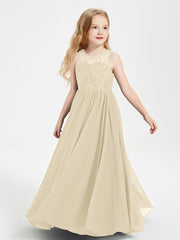 Long Junior Bridesmaid Dresses Illusion Lace Top Champagne
