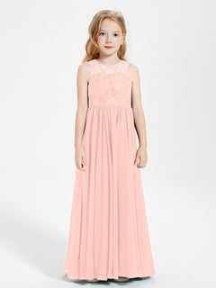 Long Junior Bridesmaid Dresses Illusion Lace Top Coral