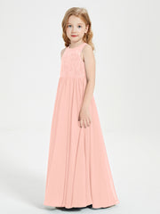 Long Junior Bridesmaid Dresses Illusion Lace Top Coral