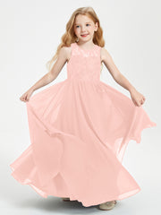 Long Junior Bridesmaid Dresses Illusion Lace Top Coral