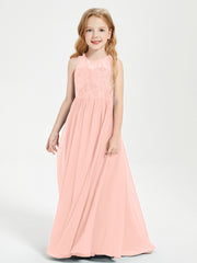 Long Junior Bridesmaid Dresses Illusion Lace Top Coral