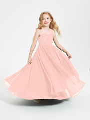 Long Junior Bridesmaid Dresses Illusion Lace Top Coral