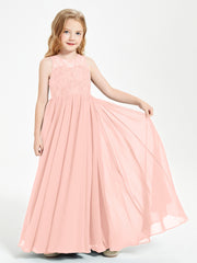 Long Junior Bridesmaid Dresses Illusion Lace Top Coral