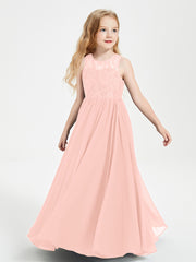 Long Junior Bridesmaid Dresses Illusion Lace Top Coral