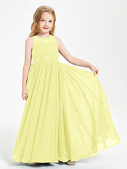Long Junior Bridesmaid Dresses Illusion Lace Top Daffodil