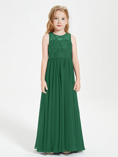 Long Junior Bridesmaid Dresses Illusion Lace Top Dark Green