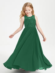 Long Junior Bridesmaid Dresses Illusion Lace Top Dark Green
