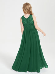 Long Junior Bridesmaid Dresses Illusion Lace Top Dark Green
