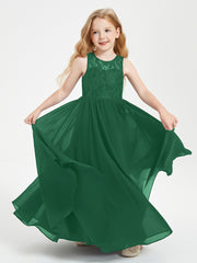 Long Junior Bridesmaid Dresses Illusion Lace Top Dark Green